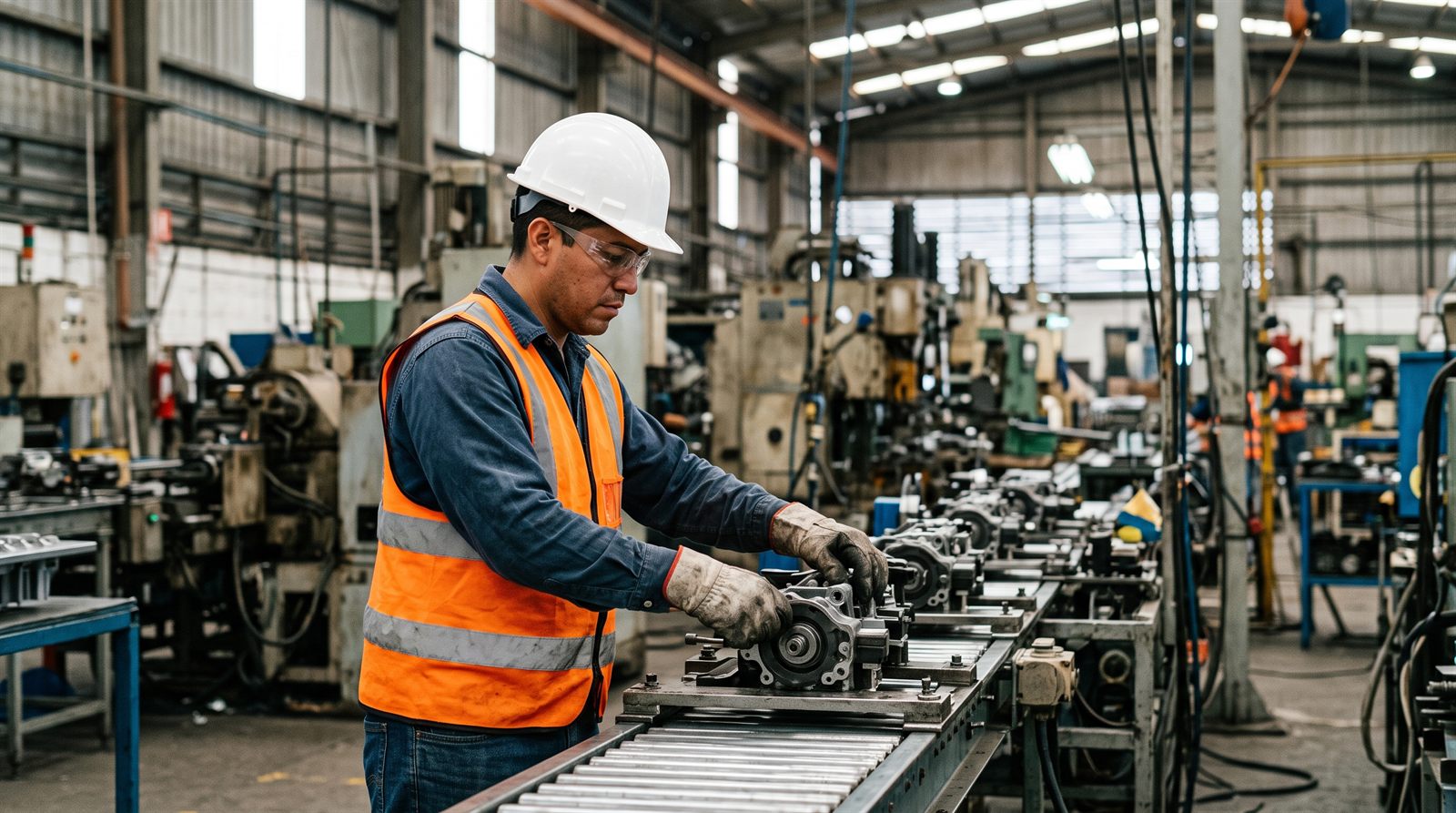 Operador de producción trabajando en una línea de manufactura